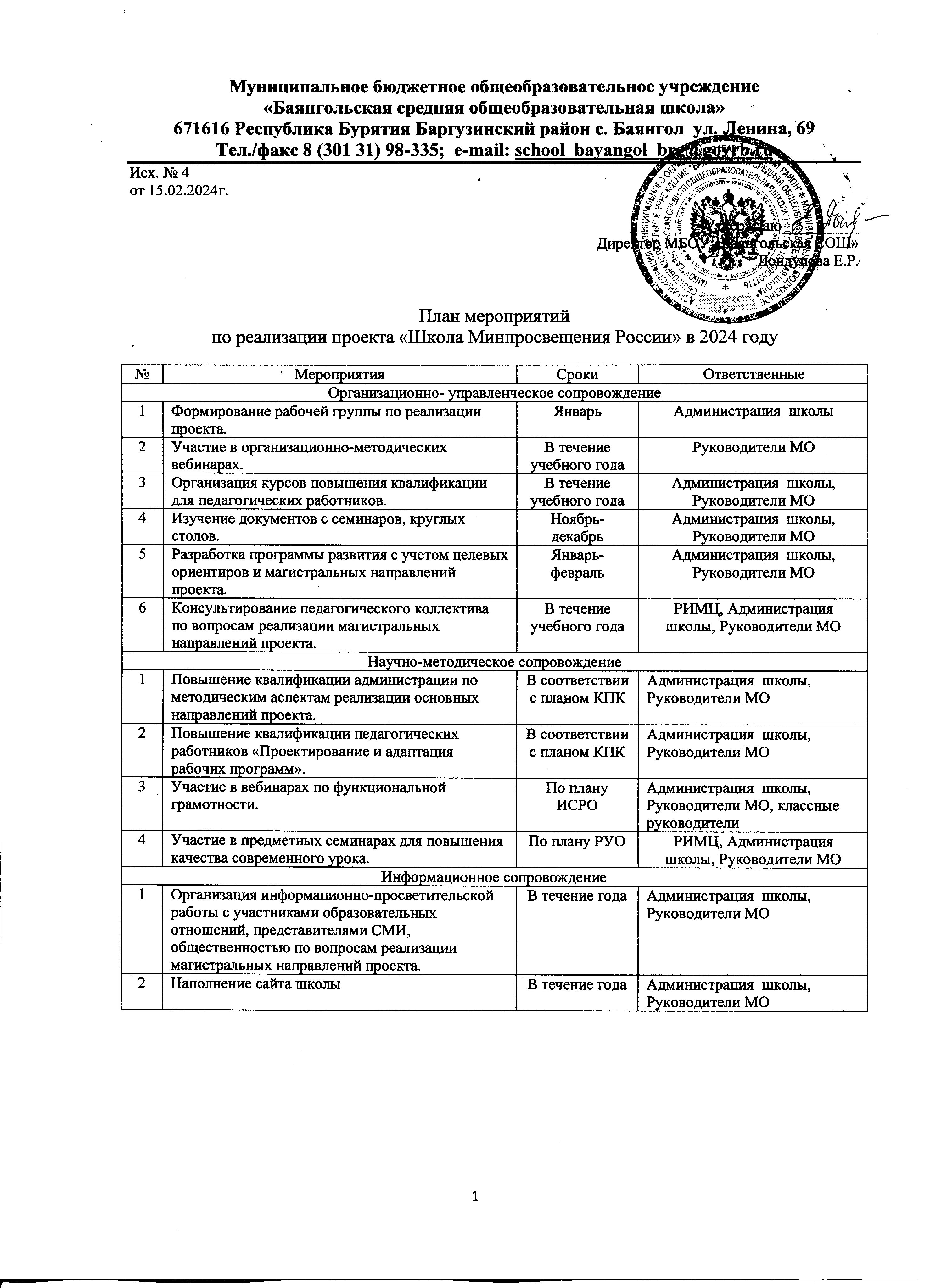 План мероприятий по реализации проекта &amp;quot;Школа Минпросвещения России&amp;quot;